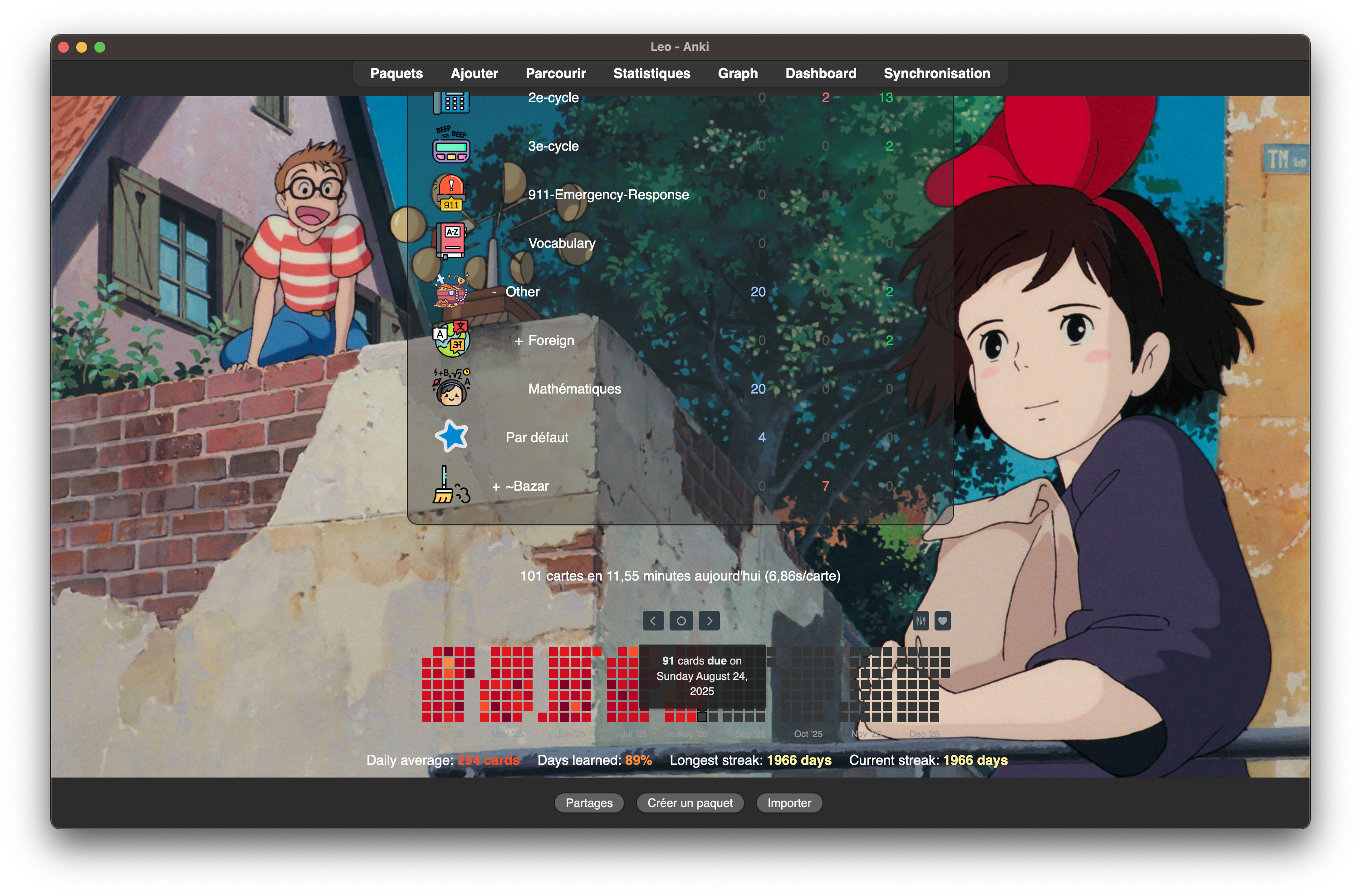 There should be
a picture showing the main window in Anki and more precisely the heatmap. It shows that I reviewed 101 cards and that 91 are scheduled for tomorrow.